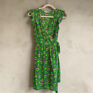 Green Kiwi Printed Wrap Dress with Ruffle Sleeves